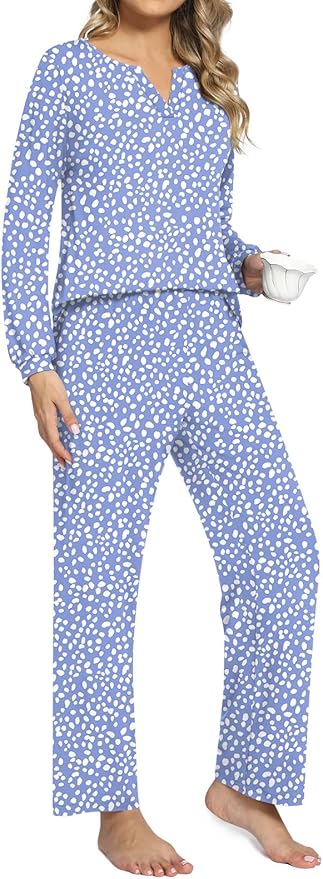Anyally Women's Plus Size Pajama Sets Ladies Fall Pjs 2 Pieces Lounge Outfits V Neck Long Sleeves Sleepwear with Pockets