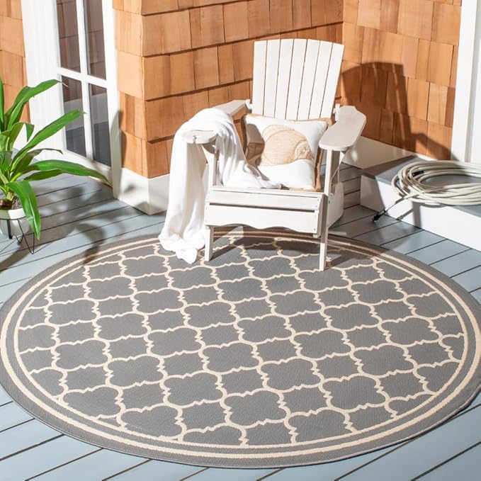 SAFAVIEH Washable Rug Outdoor Courtyard Collection - 7'10" Round, Anthracite & Beige, Non-Shedding & Easy Cleaning, Ideal for Patio, Backyard, Mudroom (CY6918-246)