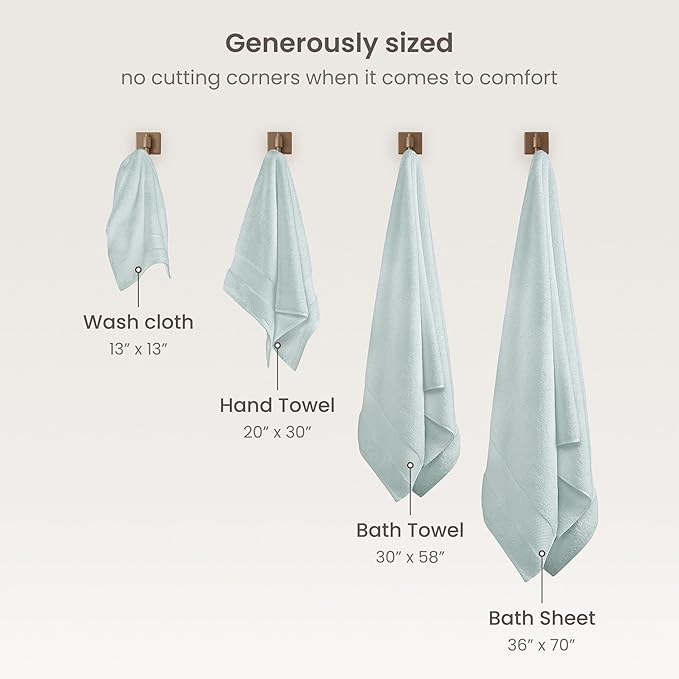 BIOWEAVES 100% Organic Cotton 700 GSM Plush 6-Piece Towel Set GOTS Certified, 2 Bath Towels, 2 Hand Towels & 2 Washcloths - Seafoam