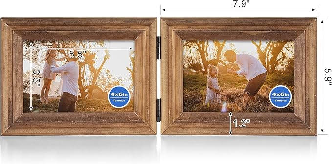 4x6 Double Horizontal Hinged Picture Frame Folding Photo Frame in Distressed Farmhouse Wood Grain Pine Wood with Real Glass for Tabletop X2-MU-2H46