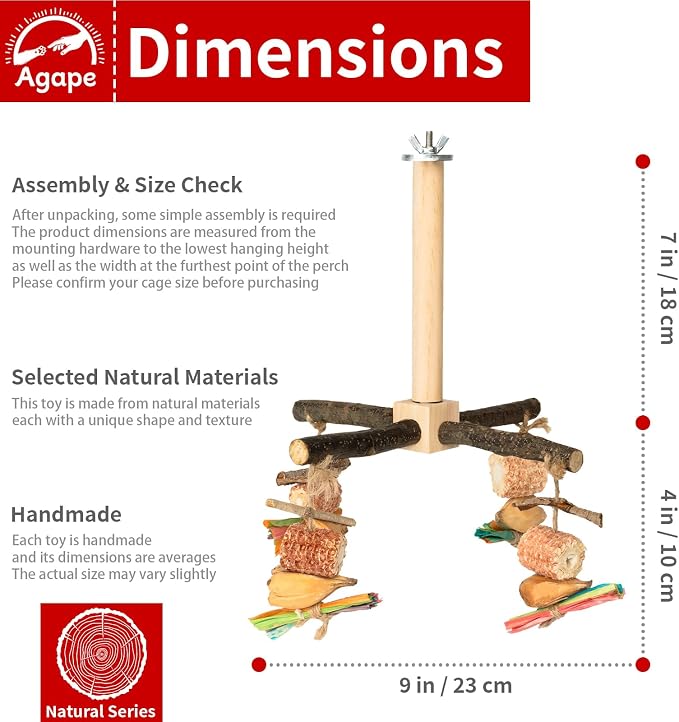 Agape Rotating Parrot Perch with Chew Toy, Wooden Stand for Small Birds | Natural Bird Cage Accessory for Parakeets, Cockatiels, Lovebirds, Conures, Budgies, Helps Reduce Boredom & Encourage Exercise