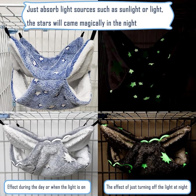 LEFTSTARER Noctilucent Luminous Guinea Pig Rat Hammock Bunkbed Hanging Tunnel and Soft Bed Mat for Ferret Hedgehog Squirrel Hideout Cage Accessories (6.Bunkbed Hammock Cloud&Star)