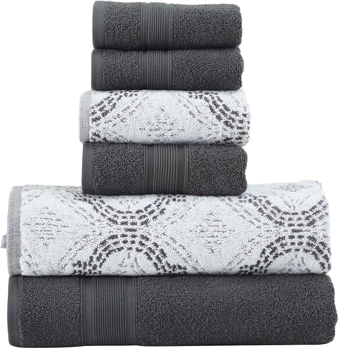 Modern Threads Capri 6-Piece Reversible Yarn Dyed Jacquard Towel Set - Bath Towels, Hand Towels, & Washcloths - Super Absorbent & Quick Dry - 100% Combed Cotton, Coal