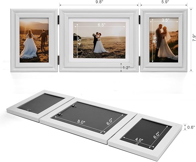 3 Vertical Horizontal 4X6 and 5X7 Picture Frames Hinged Wood Folding Photo Frames with Real Glass Front Fit for Desktop or Tabletop, White XBAI-V46H75V46