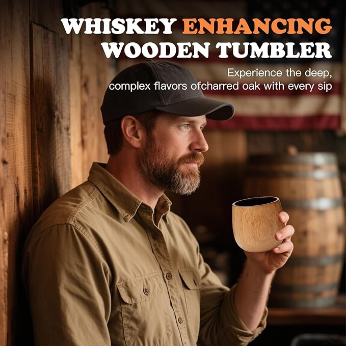 Oak Charred Whiskey Glass - Handcrafted Premium Oak Whiskey Tumbler, Unbreakable Old Fashioned Glass, Unique Wooden Bourbon Drinking Glass for Men