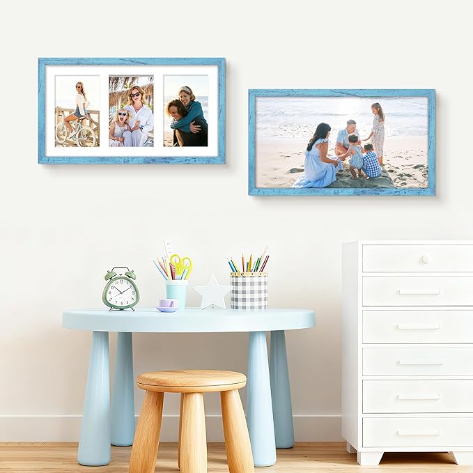 8x14 Collage Picture Frame 4x6 Collage Picture Frame Displays Three 4x6 inch Photos or 8x14 (Without Mat) for Available Horizontal Wall Mounting Display and Vertical Blue