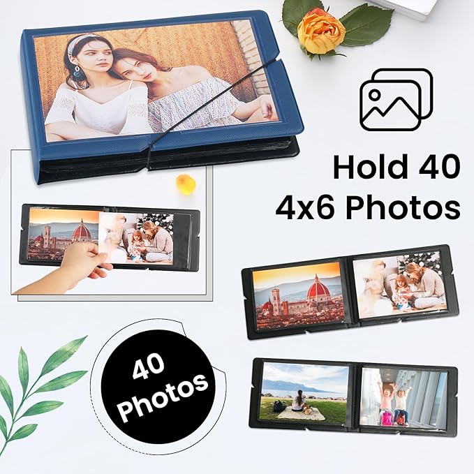 Lifting Small Photo Album 4x6 Holds 40 Photos with Customizable Cover，Mini Leather Picture Album Book for Wedding，Family，Baby Memories (Blue)