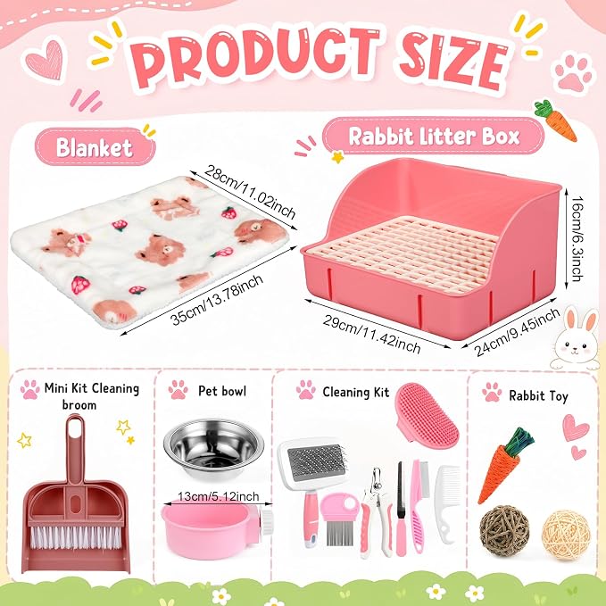 Reallnaive 15 Pcs Rabbit Starter Kit Small Rabbit Litter Box Girls Gift Animal Grooming Kit Bunny Toys Bowl Blankets with Cleaning Set for Guinea Pig Accessories (Bright Pink‌)