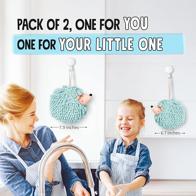 Sophie & Panda Fuzzy Ball Hand Towels - Smiley Hedgehog Hand Towels Family Set – Dry Your Hands Instantly and Conveniently with These Decorative Towels for Bathroom (2-Pack Gray)