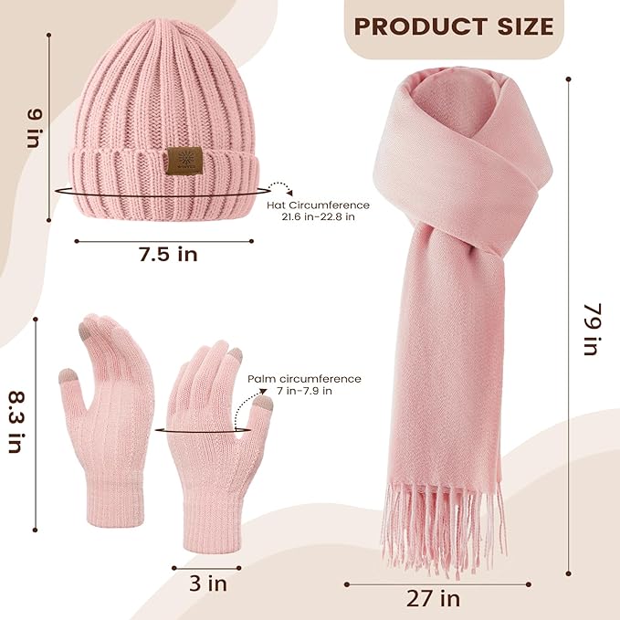 Women Winter Hat Beanie+Long Scarf+Touch Screen Gloves Set, Warm Clothes Set with Knit Fleece Lined for Women/Men Winter