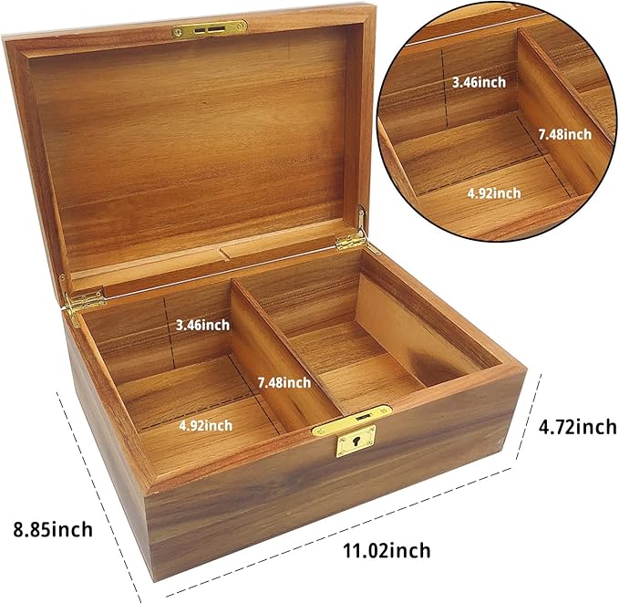 Large Wood Storage Box Decorative Wooden Box with Hinged Lid and Locking Key Premium Acacia Keepsake Chest Box Memory Gift Wooden Stash Boxes 11 X 8.5 X 5 Inches