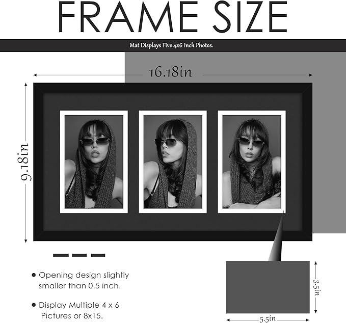 8x15 Collage Picture Frame, 4x6 Collage Picture Frame, Displays Three 4x6 inch Photos, Wall Decor Wall Hanging or Tabletop, Black Mat.