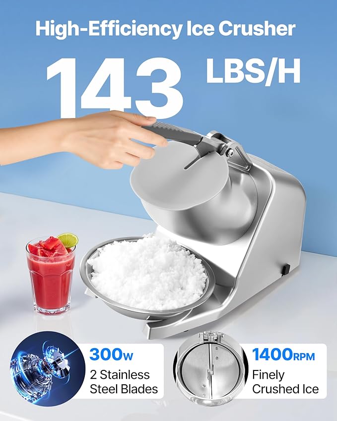 VEVOR Ice Crusher Machine, 143lbs Per Hour Electric 2 Blades Snow Cone Maker, Stainless Steel Shaved Ice Machine with Bowl and Cover, 300W 2000RPM Ice-Shaver for Home and Commercial Use, Silver