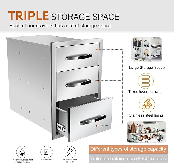 Outdoor Kitchen Drawers Stainless Steel 14W X 21H X 21D Inch, Flush Mount Triple BBQ Island Drawers with Handle for Outdoor Kitchens, Patio or Grill Station