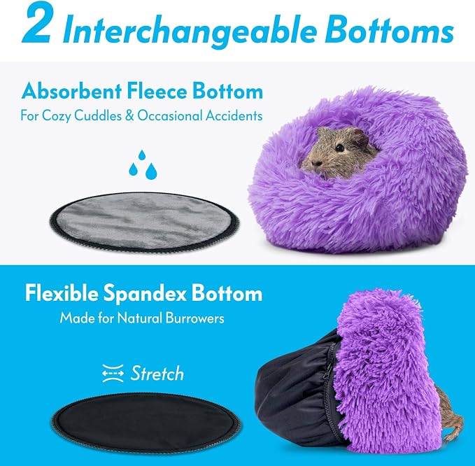 Paw Inspired Furr-O Burrowing Pet Bed Enrichment, Removable Base, Purple | Cozy Carrier Toy, Zip-On Spandex and Fleece Bottoms, Hideout Cage Accessories for Guinea Pigs, Hamsters, Small Pets, Animals
