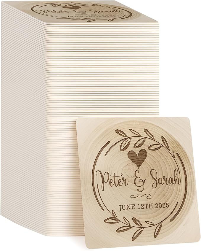 100 Pack Personalized Wedding Coasters, Custom Cardboard Coasters for Drinks with Photo Print and Text, Keepsake Wedding Favors and Gifts for Couples, 4x4 Square, Design 1