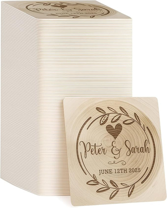 100 Pack Personalized Wedding Coasters, Custom Cardboard Coasters for Drinks with Photo Print and Text, Keepsake Wedding Favors and Gifts for Couples, 4x4 Square, Design 1