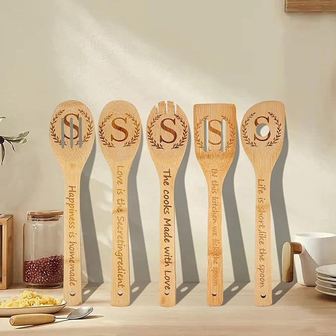 5PCS Initial Wooden Cooking Spoons Initial Letter Kitchen Decor Gifts Personalized Monogrammed Birthday Gifts for Women Mom Friend Housewarming Wedding Bamboo Cooking Spoons
