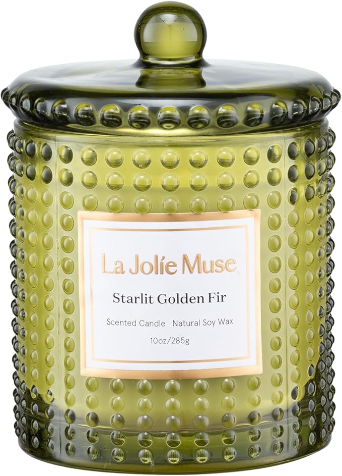 LA JOLIE MUSE Christmas Candle, Starlit Golden Fir Candle - Cedarwood, Patchouli, Fir Balsam | 10 oz Natural Soy Wax | 55 Hours Clean Burn |Winter Holiday Gift | Gift-Ready for Hosts & Gatherings