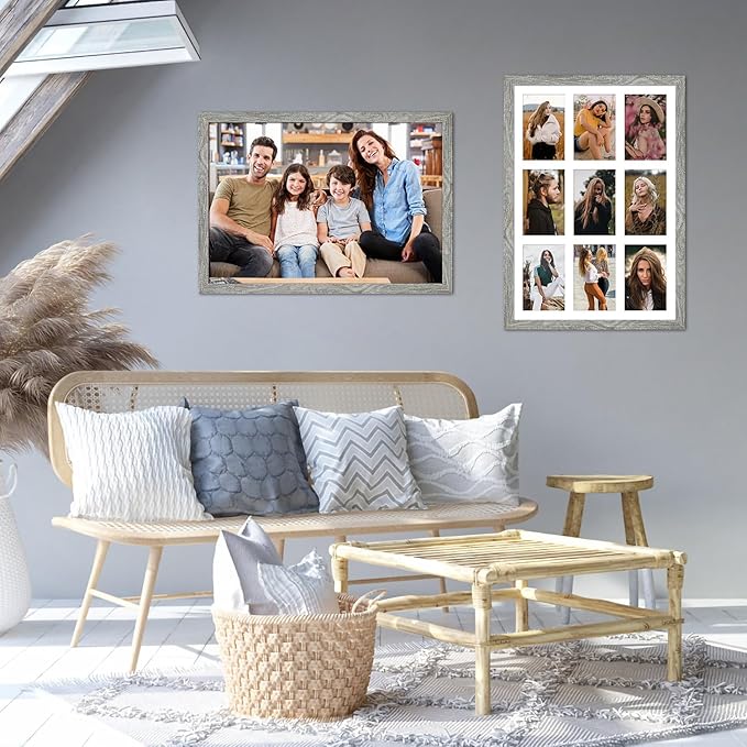 13.5x19.5 Collage frame with 9 Openings 4X6 Pictures, Multiple Picture Frame with Mat, Wall or Tabletop Decor, Grey Wood Grain,2 Pack