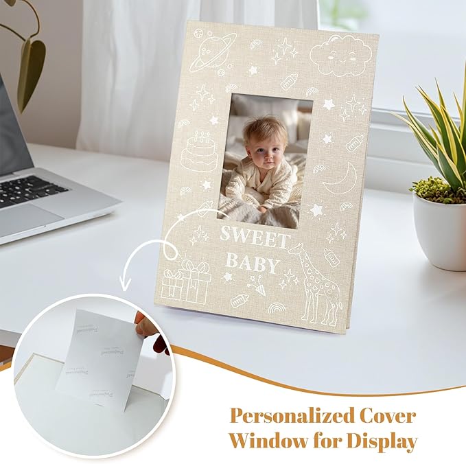 Baby Photo Album 4x6 300 Pockets with Memo Area & Hand and Footprint Kit, Linen Cover Slip-in Memory Book with Front Window, Acid-Free Keepsake for Newborn Boy Girl, First Year Moments