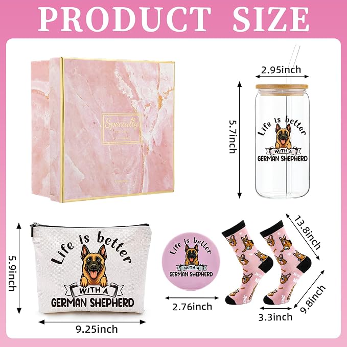 Kacctyen 5 Pcs Christmas German Shepherd Gifts for Women German Shepherd Dog Lover Gifts 16oz Glass Cup Tumbler with Lid Straw Makeup Cosmetic Bag Pocket Mirror Sock for Pet Mom Birthday Party Favors