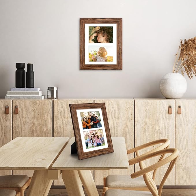 8.5x11 Picture Frame Display 2 opening Double 5x7 Picture Frame Collage,Multi Photo Frame with Mat,Plexiglass,Horizontal and Vertical Formats for Wall Decor,Carbonized Brown Wood Grain