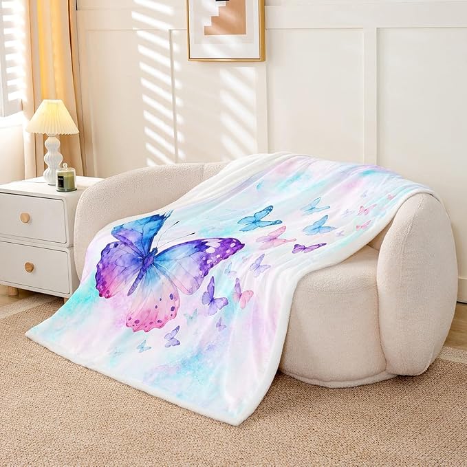 Feelyou Butterfly Fleece Throw Blanket Throw 50"x60" Kids Purple Blue Watercolor Sherpa Blanket Plush Fuzzy for Bed Couch Chair Living Room, Butterflies Lover Bed Blanket Chic Room Decor