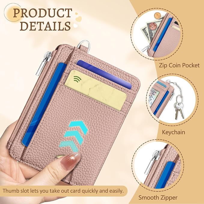 Kelvoris Credit Card Holder Small Wallet Women, Slim RFID, Blush | Keychain, Zipper Coin Pocket, Front Pocket Thin Travel Card Case, Minimalist, 6 Card Slots, 1 ID Window, Ladies Gifts Woman