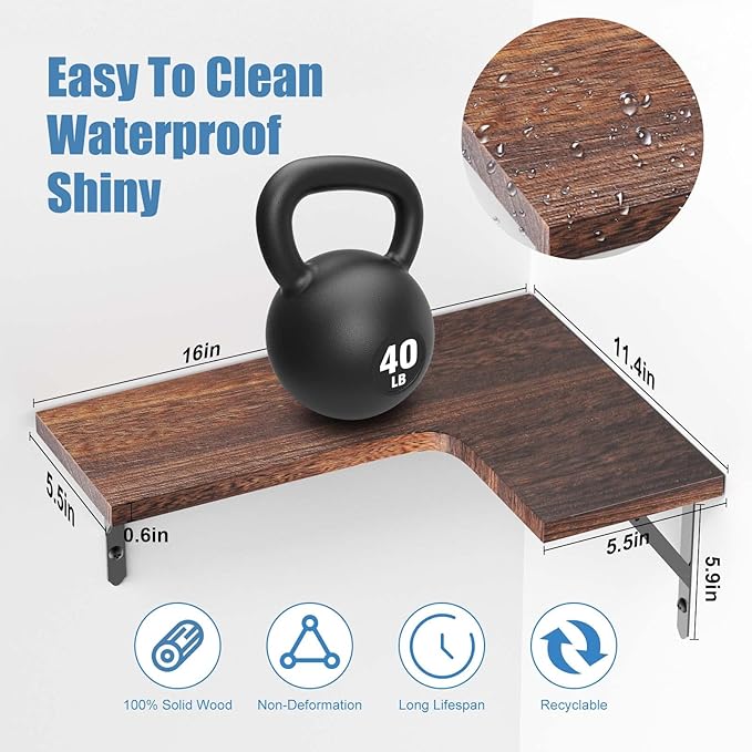 ROMGUAR CRAFT Corner Floating Shelves Wall Mounted Set of 4, Rustic Wood Storage Display Wall Shelves for Home Decor, Bathroom, Kitchen, Bedroom, Living Room, Office (Carbonized Brown)