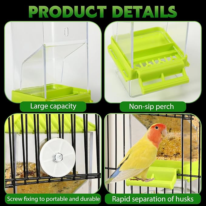 Yaomiao 4 Pcs No Mess Small Bird Feeders Automatic Parakeet Water Dispenser Clear Quail Feeder and Watered Cage Accessories for Small and Medium Parakeet Cockatiel Canary(Assorted,Green)