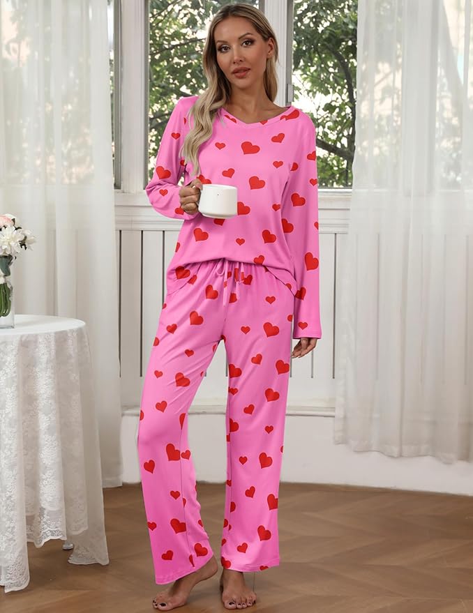 Ekouaer Womens 2 Pack Pajama Set Long Sleeve Pajamas Top and Pants V Neck Pjs Set Soft Loungewear with Pockets