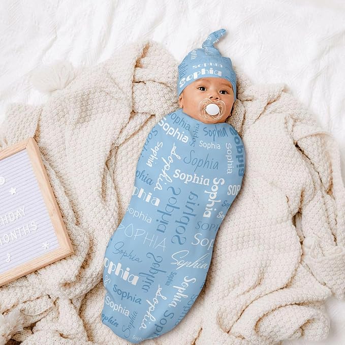 Newborn Swaddle Blankets Hat Name Lettering Blue Sets Soft Baby Receiving Blanket Swaddle Sack for Baby Shower Infant Boy Girl Gift