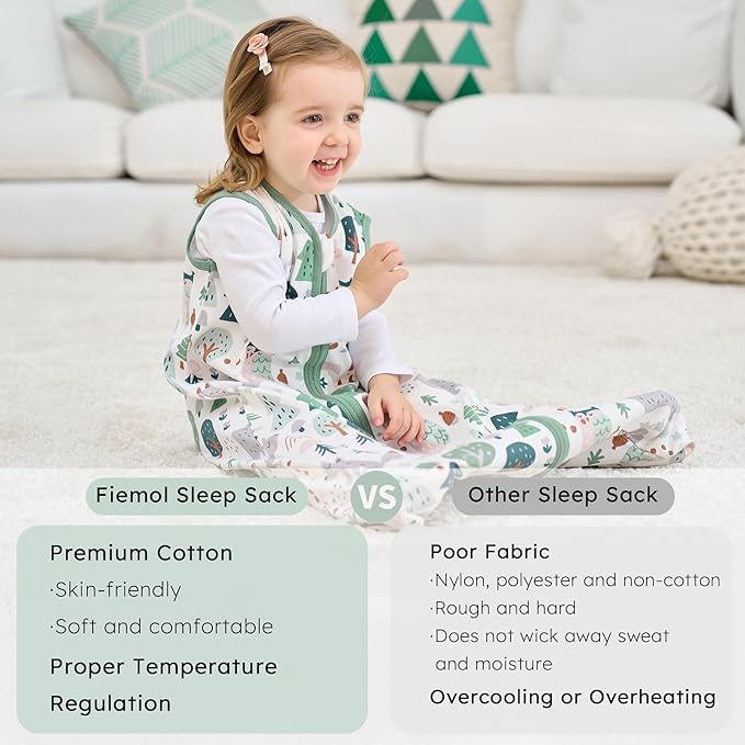 Baby Sleep Sack 6-12 months, 100% Cotton Sleeping Sack for Newborn and Infant, 3 Pack Baby Wearable Blanket for Boy and Girl, 0.5 Tog Lightweight Double Zipper Sleep Bag Green Apricot Bear