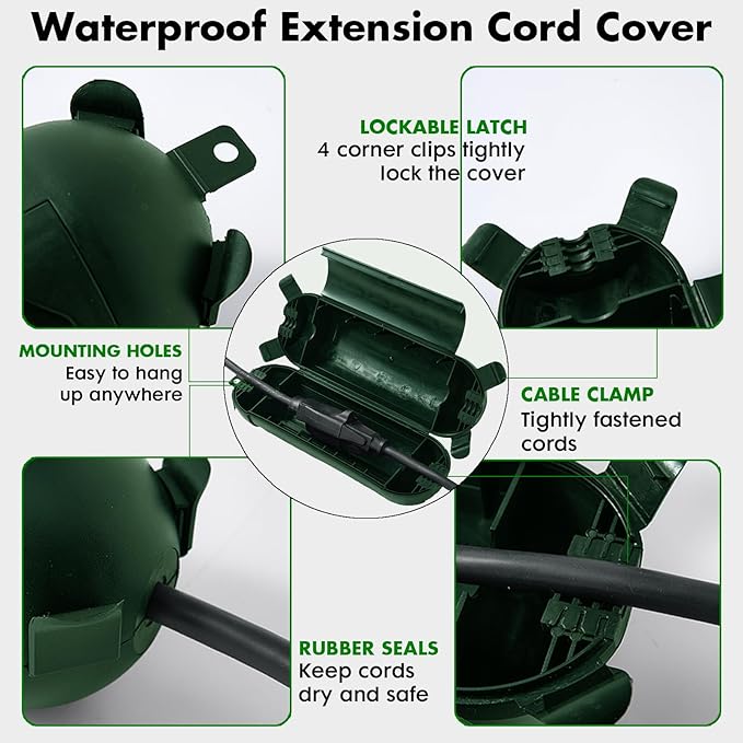 Outdoor Extension Cord Cover IP44 Waterproof, Weatherproof Extension Cord Protector Box for Outdoor Plug & Outlet, Ideal for Christmas Lights, Garden Tools, Patio, Green