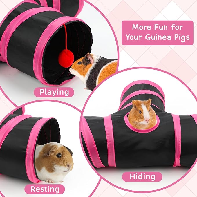 Rypet Guinea Pig Tunnel Hideout 3-Way Collapsible Pet Tubes, Red Black | 3 Way Design for Exploration, Collapsible for Easy Storage, Built-in Play Ball, Hiding & Resting for Hamsters Ferrets