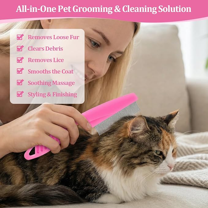 6 Pack Pet Grooming Combs, Stainless Steel Dog and Cat Grooming Combs with Rounded Teeth, Double-Sided Professional Pet Tear Stain Remover for Small, Medium, and Large Pets (Pink)