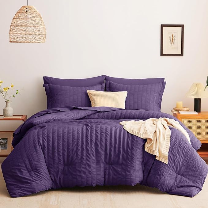 CozyLux Queen Comforter Set Purple Seersucker 7 Pieces Bed in a Bag Queen Comforter Set with Sheets, Luxury Soft Bedding Set with Down Alternative Comforter, Sheets, Pillowcases & Shams for All Season