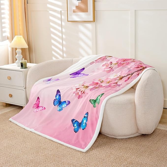 Feelyou Girls Pink Butterfly Fleece Throw Blanket Baby 30"x40" Kids Cherry Blossom Sherpa Blanket Plush Fuzzy for Bed Couch Chair Living Room, Floral Flower Bed Blanket Room Decor
