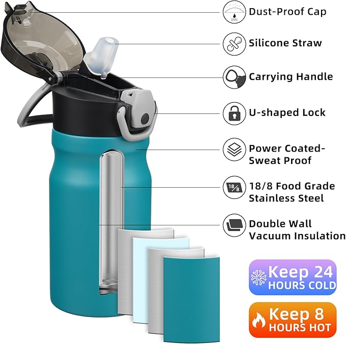 BJPKPK Stainless Steel Insulated Water Bottle with Straw Lid 14oz Reusable Metal Thermal Flask Bottles Keep Cold and Hot,Laguna