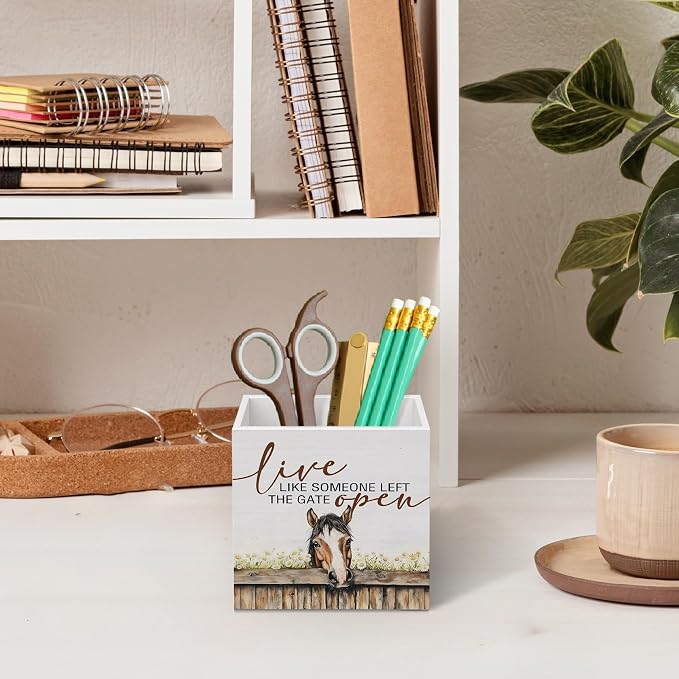 DILSJ Inspirational Horse 1 Compartment Pen Pencil Holder for Desk | Horse Gifts, Live Like Someone Left The Gate Open Wooden Box Signs Organizer for Home Office Desk Tabletop Decoration