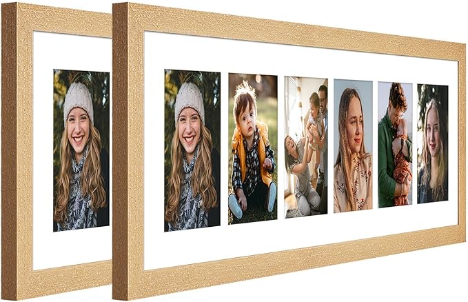 8x26 Collage frame with 6 Openings 4X6 Pictures, Multiple Picture Frame with Mat, Wall or Tabletop Decor, Natural Wood Grain,2 Pack
