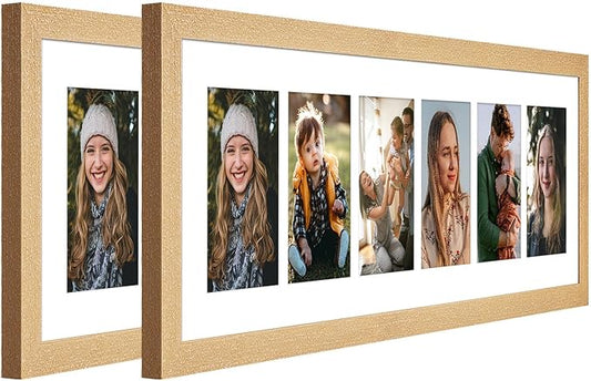 8x26 Collage frame with 6 Openings 4X6 Pictures, Multiple Picture Frame with Mat, Wall or Tabletop Decor, Natural Wood Grain,2 Pack
