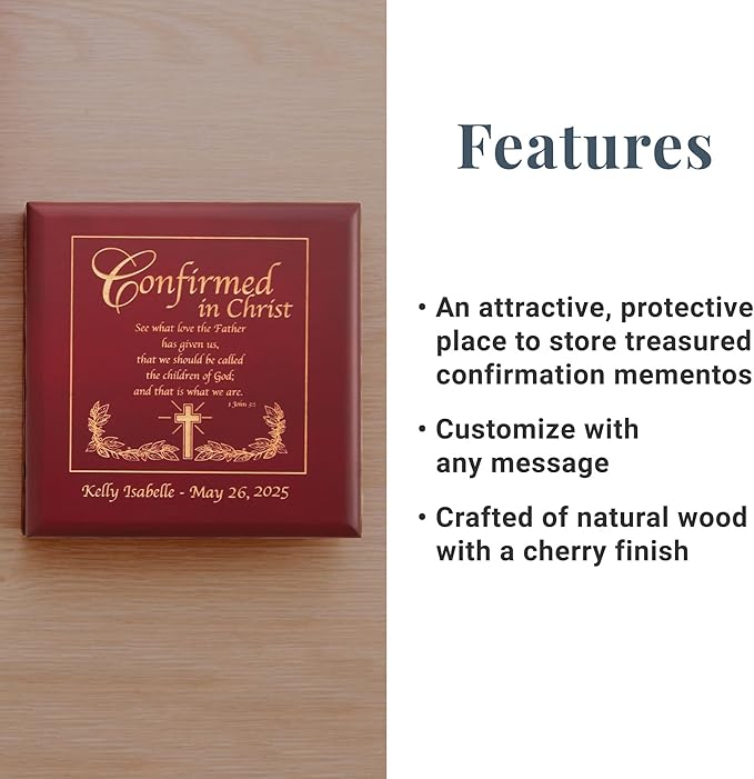 Let's Make Memories Personalized Confirmation Keepsake Box - Scripture - Sacrament - Religious Keepsake - Natural Wood - Cherry Finish - Inspirational Verse - 6.75”Lx6.75”W