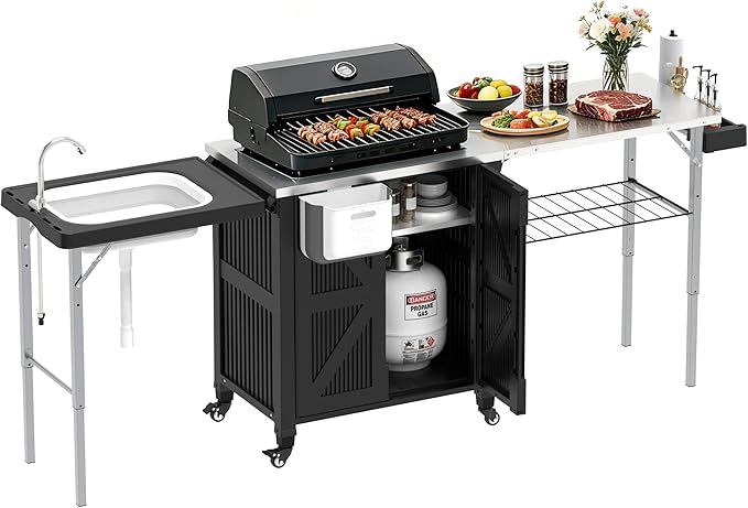 Outdoor Grill Cart with Storage Cabinet, 3-in-1 Movable Kitchen Island with Stainless Steel Tabletop, 4 Swivel Wheels, Foldable Sink Rolling Bar Table Cart BBQ Food Prep Station for Patio, Black