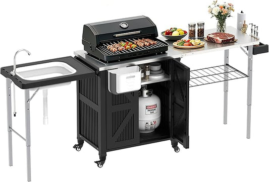 Outdoor Grill Cart with Storage Cabinet, 3-in-1 Movable Kitchen Island with Stainless Steel Tabletop, 4 Swivel Wheels, Foldable Sink Rolling Bar Table Cart BBQ Food Prep Station for Patio, Black