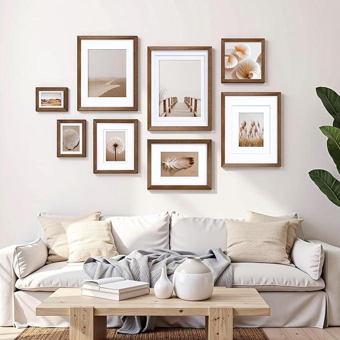 Egofine 11x14 Picture Frames Set of 4, Made of Solid Wood Covered by Plexiglass 5x7 and 8x10 with Mat or 11x14 without Mat, for Table Top Display and Wall Mounting Photo Frame,Walnut Brown