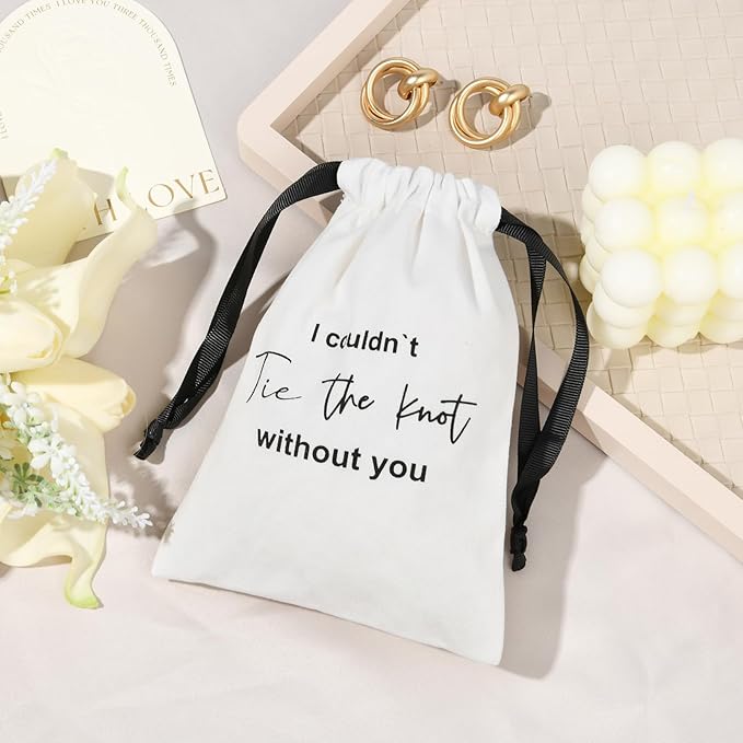 CEELGON 8 Pcs Drawstring Jewelry Pouch Bridesmaid Gift Bags Linen Cotton Fabric Wedding Bridal Party Favor Bags Bachelorette Tie The Knot Earring Packaging Proposal Gift (White)