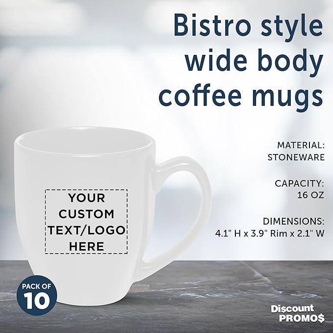 Custom Large Coffee Cups 16 oz. Set of 10, Personalized Bulk Pack - Perfect for Tea, Espresso, Cappuccino, Hot Cocoa - White