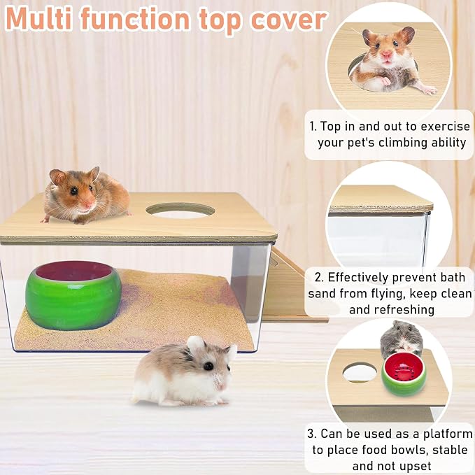 PINVNBY Hamster Sand Bath Box, Transparent Acrylic Sand Bath Shower, Gerbils Digging Room Container with Climbing Ladder and Ceramic Bowl, Litter Box for Hamsters Guinea Pigs Mice (Rectangle)